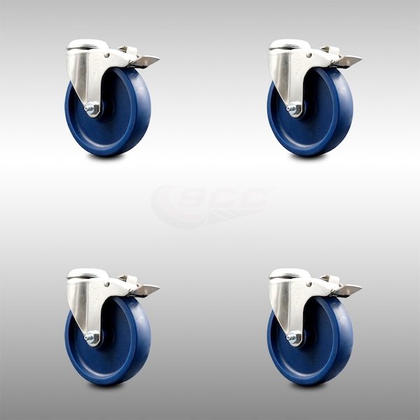 5 Inch 316SS Solid Polyurethane Swivel Bolt Hole Caster Set with Lock Brake SCC